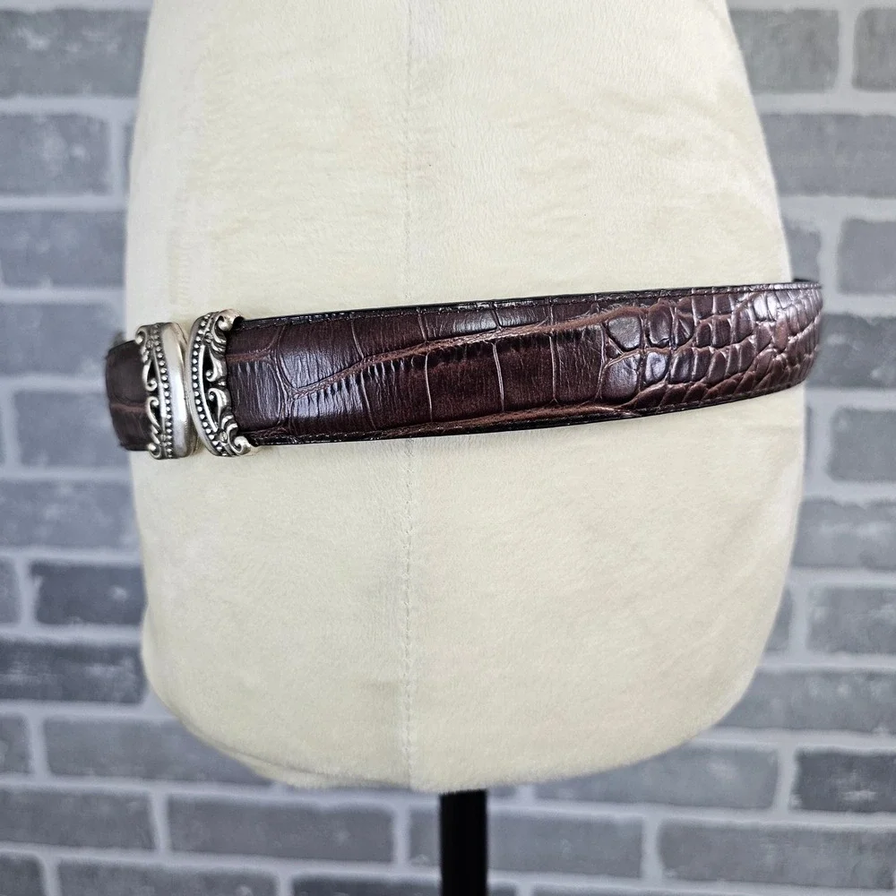 Reversible Brown Croc Embossed & Black Leather Belt Western Boho Silver Buckle - Picture 3 of 9